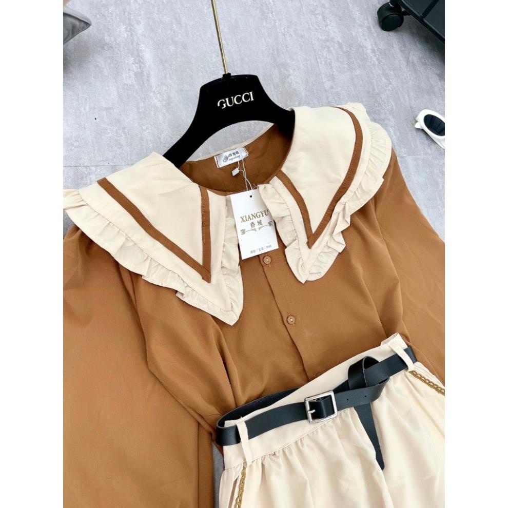 Set Váy Nữ  Áo Bèo Cổ Sen Tay Dài Tay Mix Chân Váy Dáng Dài Màu Kem Freesize