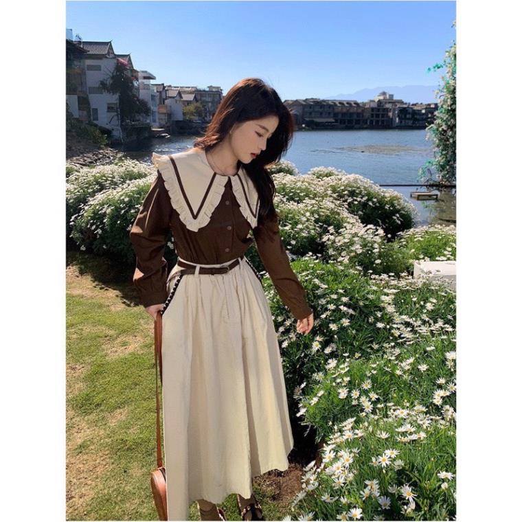 Set Váy Nữ  Áo Bèo Cổ Sen Tay Dài Tay Mix Chân Váy Dáng Dài Màu Kem Freesize