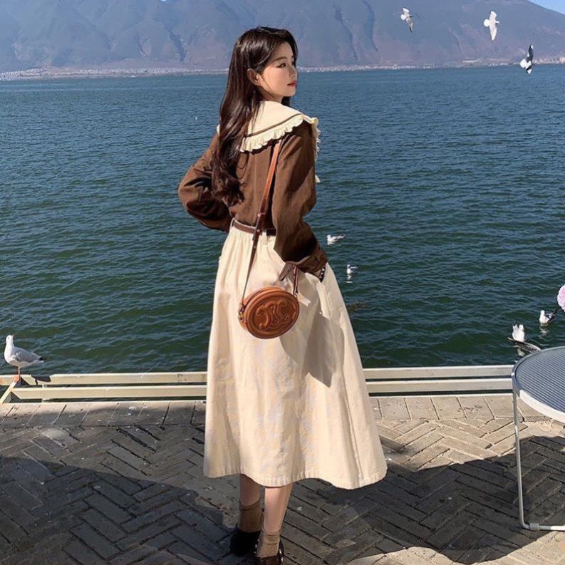 Set Váy Nữ  Áo Bèo Cổ Sen Tay Dài Tay Mix Chân Váy Dáng Dài Màu Kem Freesize