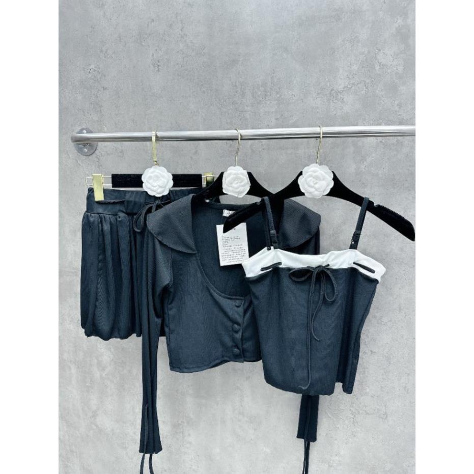 Set Váy Nữ 3 Món Áo Croptop Cổ Bẻ Trễ Thắt Dây  Len Tăm Tay Dài Ống Loe Phối Áo 2 Dây Chân Váy Dáng Ngắn Freesize
