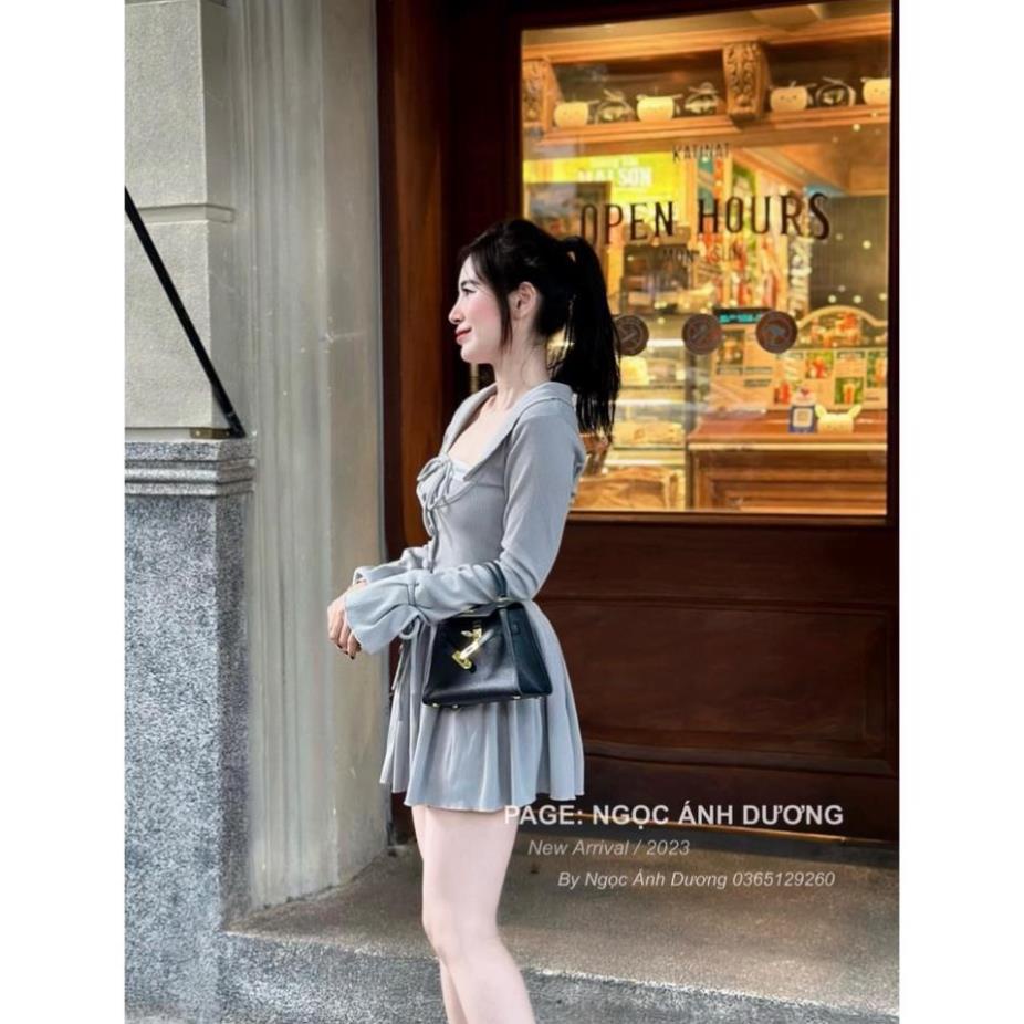 Set Váy Nữ 3 Món Áo Croptop Cổ Bẻ Trễ Thắt Dây  Len Tăm Tay Dài Ống Loe Phối Áo 2 Dây Chân Váy Dáng Ngắn Freesize