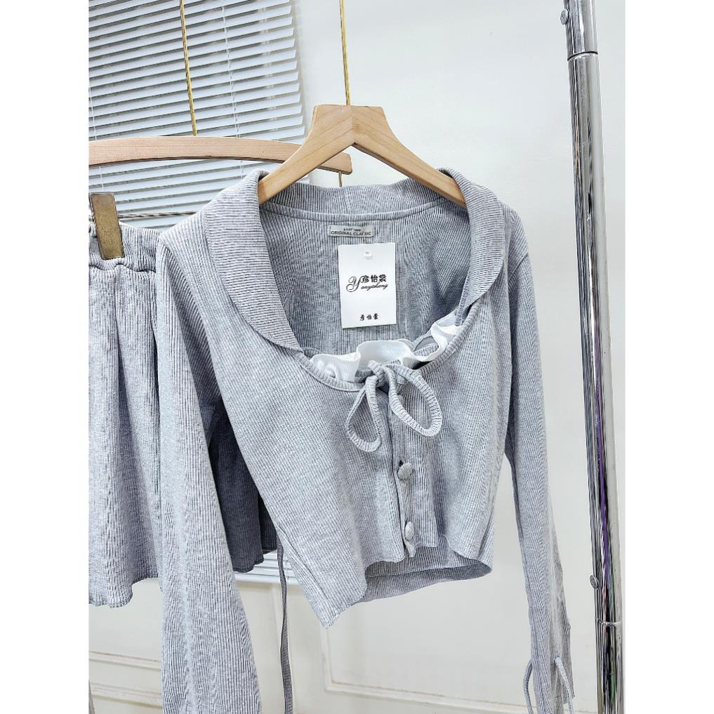 Set Váy Nữ 3 Món Áo Croptop Cổ Bẻ Trễ Thắt Dây  Len Tăm Tay Dài Ống Loe Phối Áo 2 Dây Chân Váy Dáng Ngắn Freesize