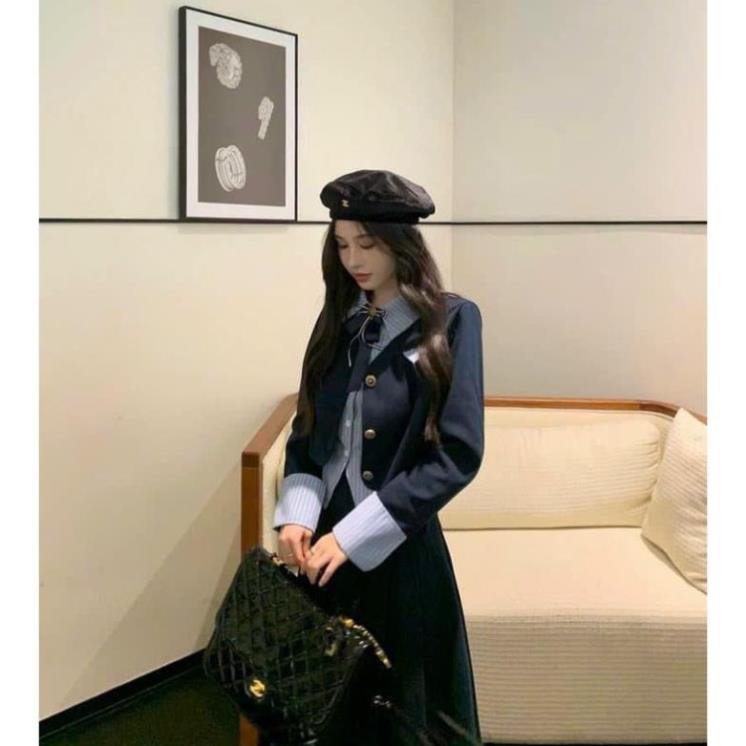 Set Váy Nữ Áo Kiểu Phối Cổ Sơ Mi Dài Tay Đính Nơ Mix Chân Váy Dáng Dài Học Sinh Freesize