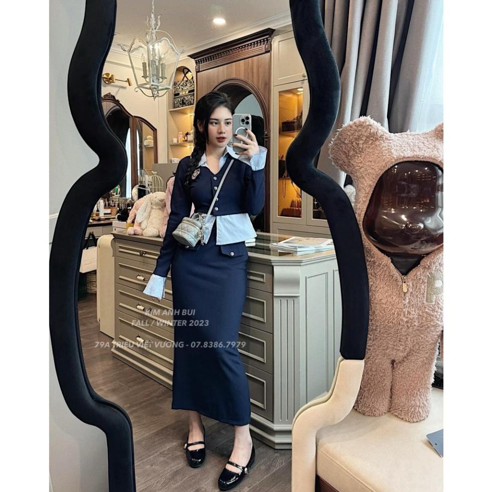 Set Váy Nữ Áo Kiểu Phối Cổ Sơ Mi Dài Tay Đính Nơ Mix Chân Váy Dáng Dài Học Sinh Freesize