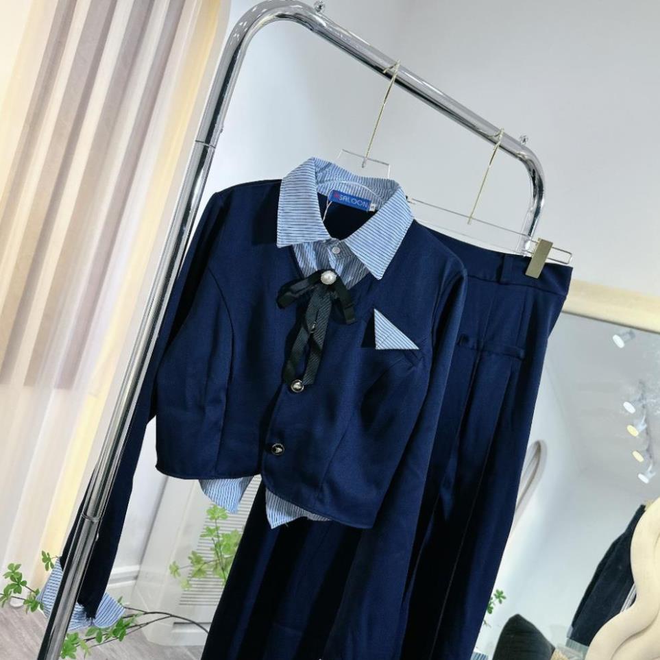 Set Váy Nữ Áo Kiểu Phối Cổ Sơ Mi Dài Tay Đính Nơ Mix Chân Váy Dáng Dài Học Sinh Freesize