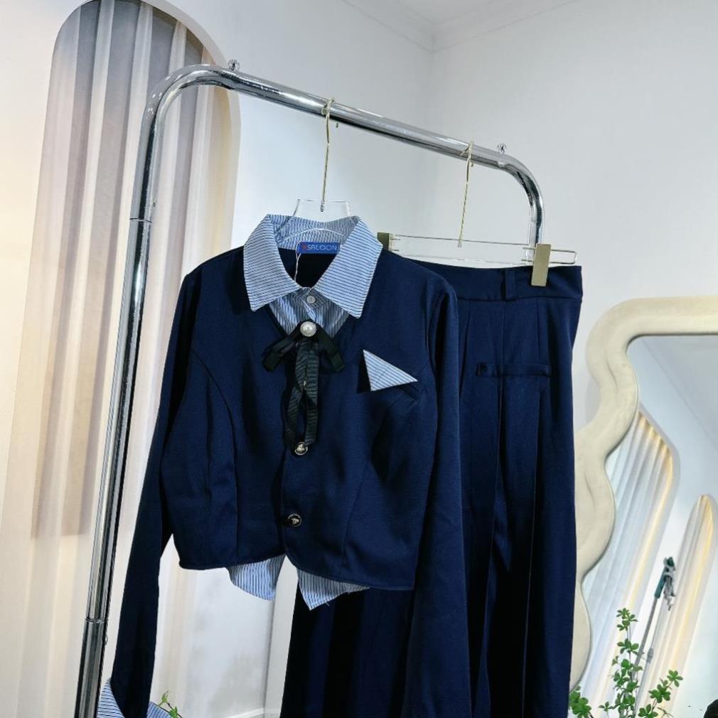 Set Váy Nữ Áo Kiểu Phối Cổ Sơ Mi Dài Tay Đính Nơ Mix Chân Váy Dáng Dài Học Sinh Freesize