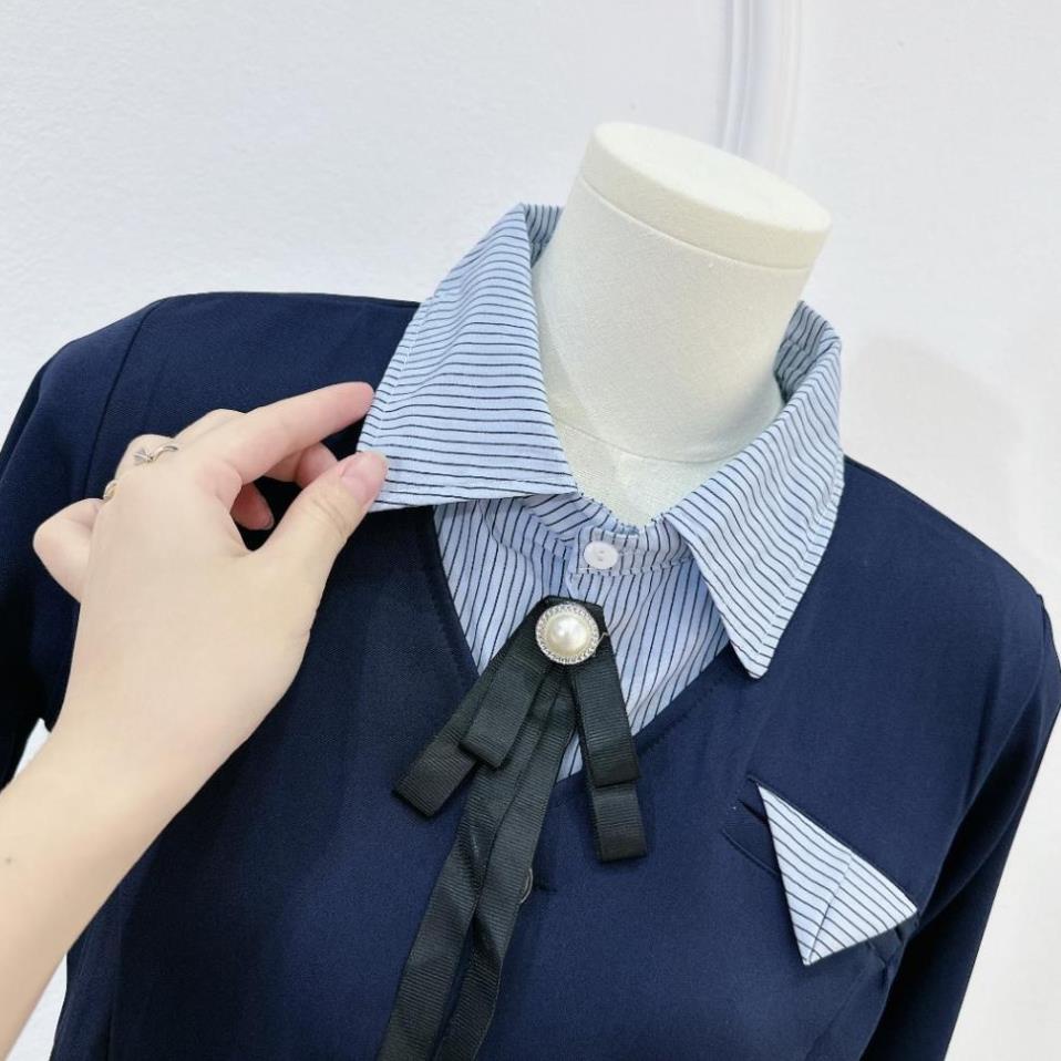 Set Váy Nữ Áo Kiểu Phối Cổ Sơ Mi Dài Tay Đính Nơ Mix Chân Váy Dáng Dài Học Sinh Freesize