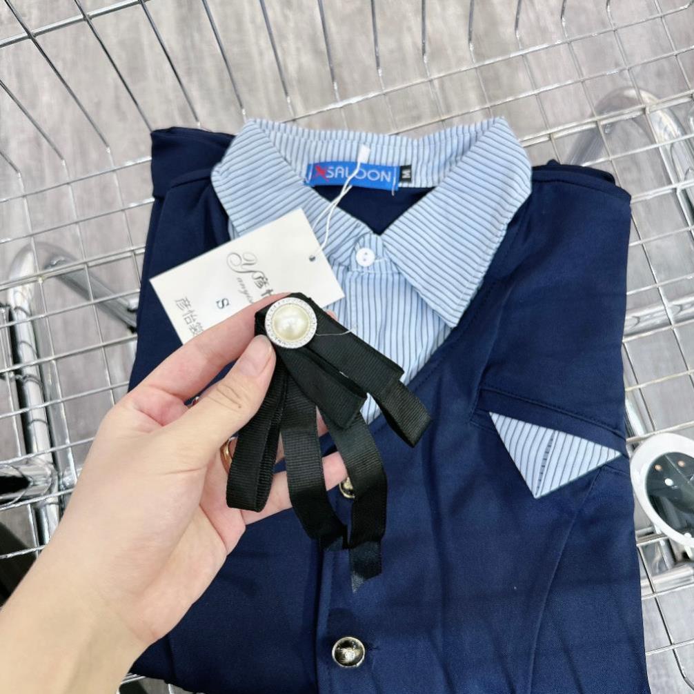 Set Váy Nữ Áo Kiểu Phối Cổ Sơ Mi Dài Tay Đính Nơ Mix Chân Váy Dáng Dài Học Sinh Freesize