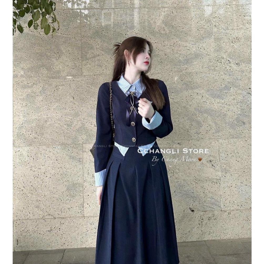 Set Váy Nữ Áo Kiểu Phối Cổ Sơ Mi Dài Tay Đính Nơ Mix Chân Váy Dáng Dài Học Sinh Freesize