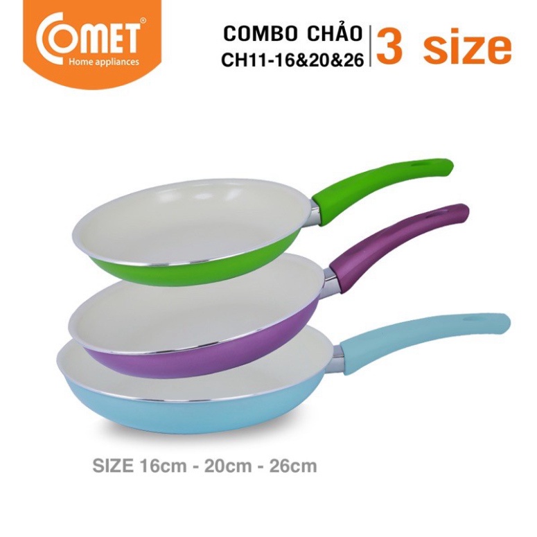 Bộ combo 03 chảo chống dính Ceramic cao cấp COMET Size 16cm, 20cm, 26cm - Hàng Chính Hãng Bảo Hành 12 Tháng
