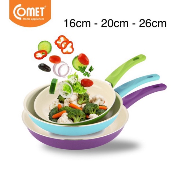 Bộ combo 03 chảo chống dính Ceramic cao cấp COMET Size 16cm, 20cm, 26cm - Hàng Chính Hãng Bảo Hành 12 Tháng