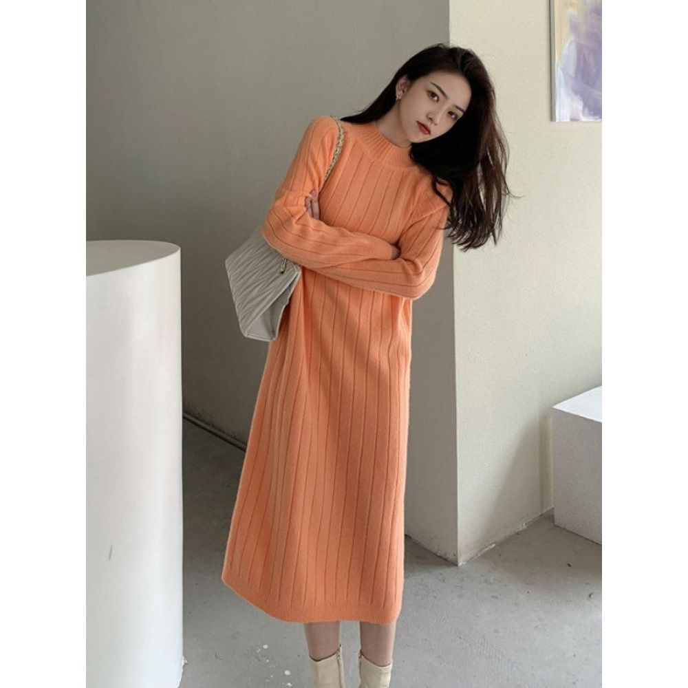 Jiashucheng Đầm sweater Dài Qua Gối Cổ Cao Dệt Kim Màu Cam Phong Cách Pháp Thời Trang Thu Đông Cho Nữ