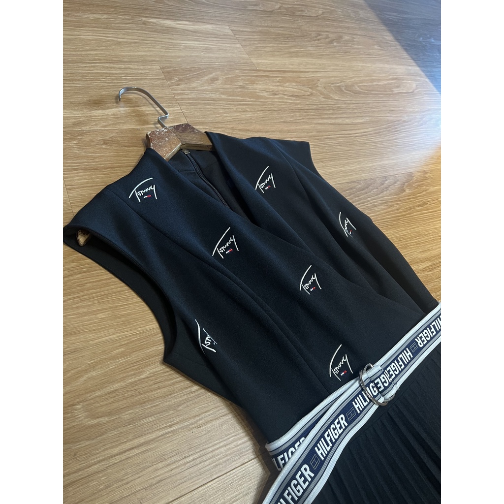 Đầm váy midi TM chữ thêu kèm đai, dập ly siêu đẹp