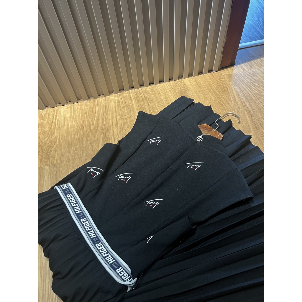 Đầm váy midi TM chữ thêu kèm đai, dập ly siêu đẹp