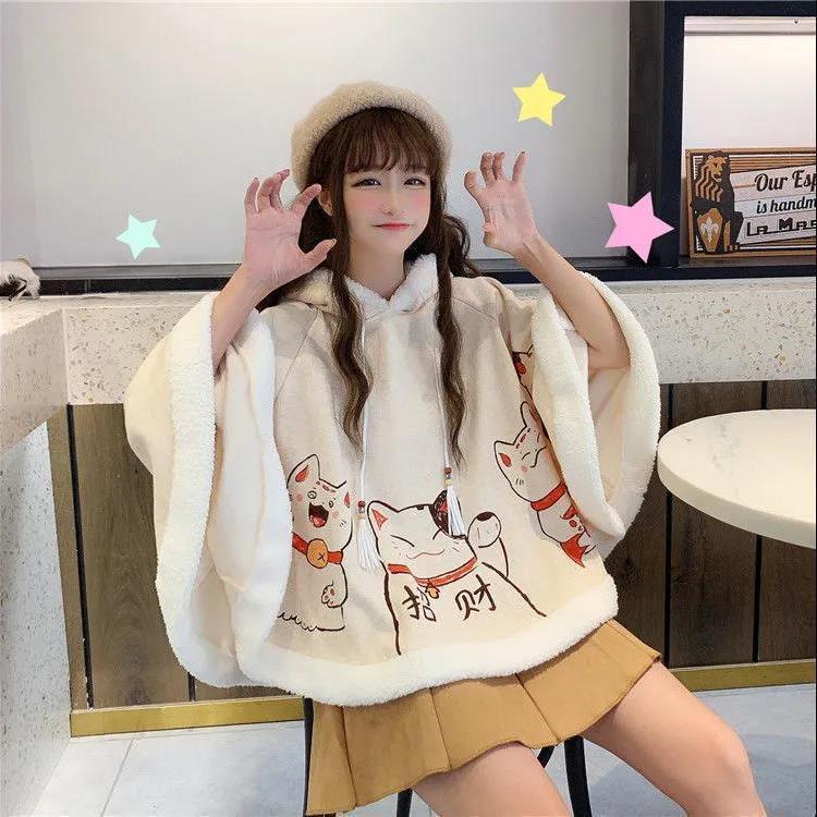 Áo Khoác Hoodie Lót Nhung Dày Dặn Mềm Mại Đính Tai Mèo Dễ Thương Phong Cách Nhật Bản Thời Trang Thu Đông Cho Nữ