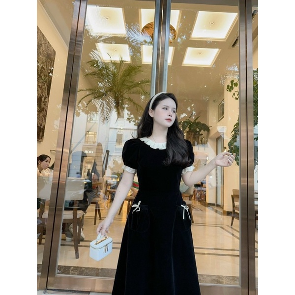 Váy nhung bèo cổ