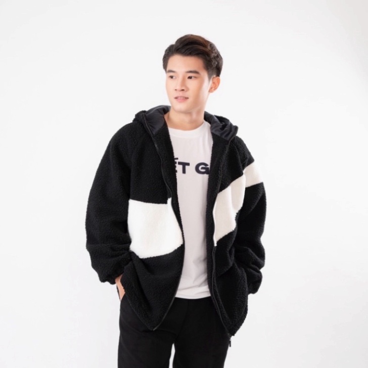 Áo khoác lông cổ cao họa tiết hình vảy phom rộng unisex/ Áo khoác mùa đông oversize 3 màu kiểu khóa kéo