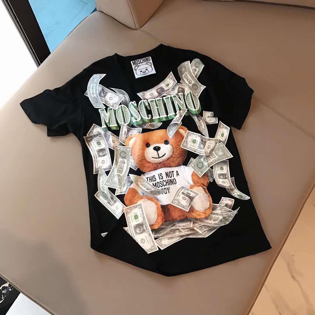Moschino 2025 Đô La Mới In Hình Gấu Áo Thun Nữ Rời Size Lớn Cặp Đôi Tay Ngắn Nam Hàn Quốc