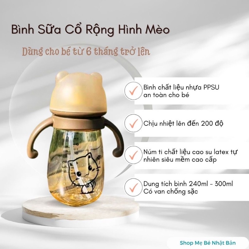 Bình sữa PPSU cho bé hoạ tiết mèo 240ml có van chống sặc