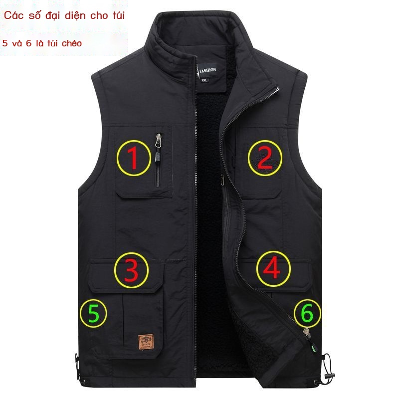 Áo Khoác Nhung Dày Không Tay Cổ Đứng Cách Nhiệt Đa Năng Cho Đàn Ông Trung Niên