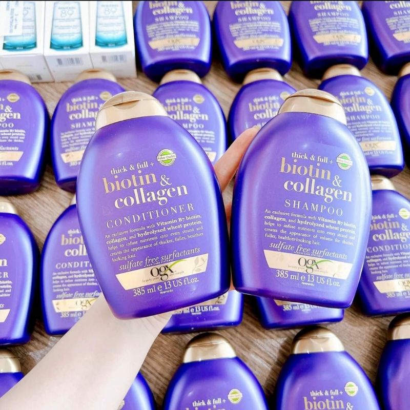 Cặp Dầu Gội Xả Biotin Collagen Tím OGX Thick & Full + Biotin & Collagen (385ml/Chai) Hàng Chính Hãng - OGX 0