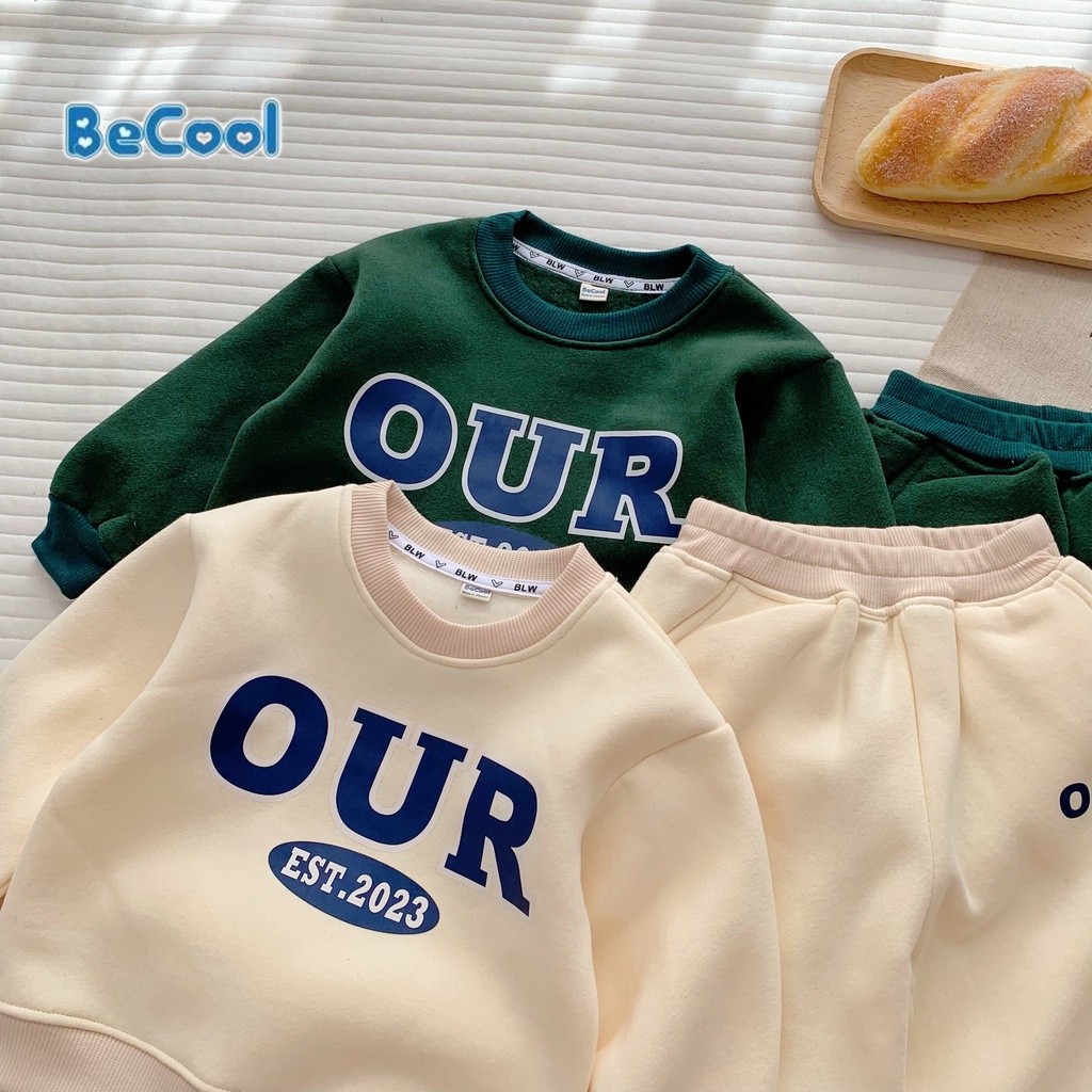 Bộ Nỉ Bông In Chữ OUR Cho Bé Trai Mặc Mùa Đông, Đồ Bộ Dài Tay Cho Bé Từ 8-27kg MINKYSUN