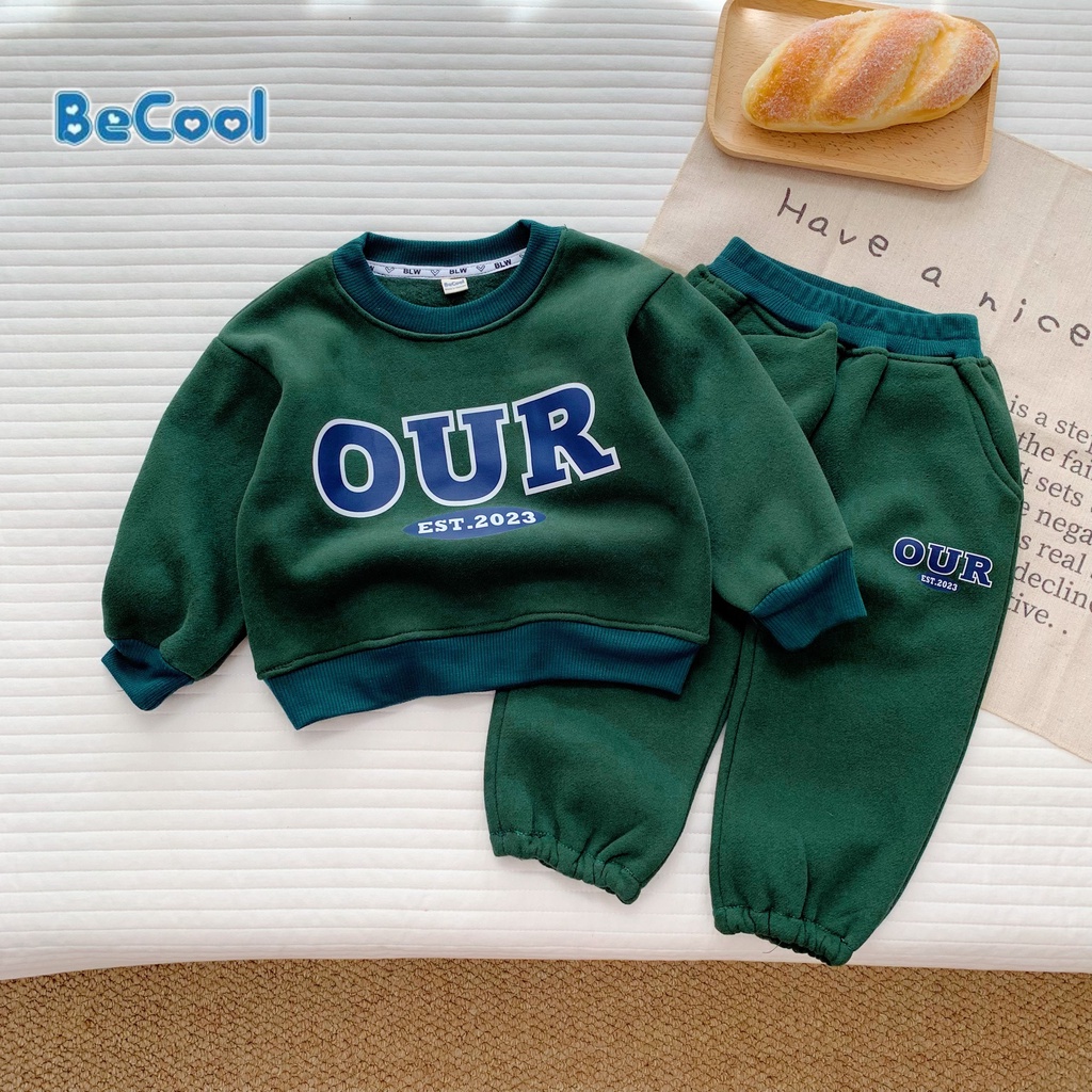 Bộ Nỉ Bông In Chữ OUR Cho Bé Trai Mặc Mùa Đông, Đồ Bộ Dài Tay Cho Bé Từ 8-27kg MINKYSUN