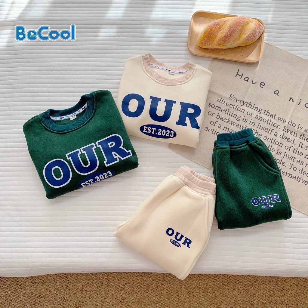 Bộ Nỉ Bông In Chữ OUR Cho Bé Trai Mặc Mùa Đông, Đồ Bộ Dài Tay Cho Bé Từ 8-27kg MINKYSUN
