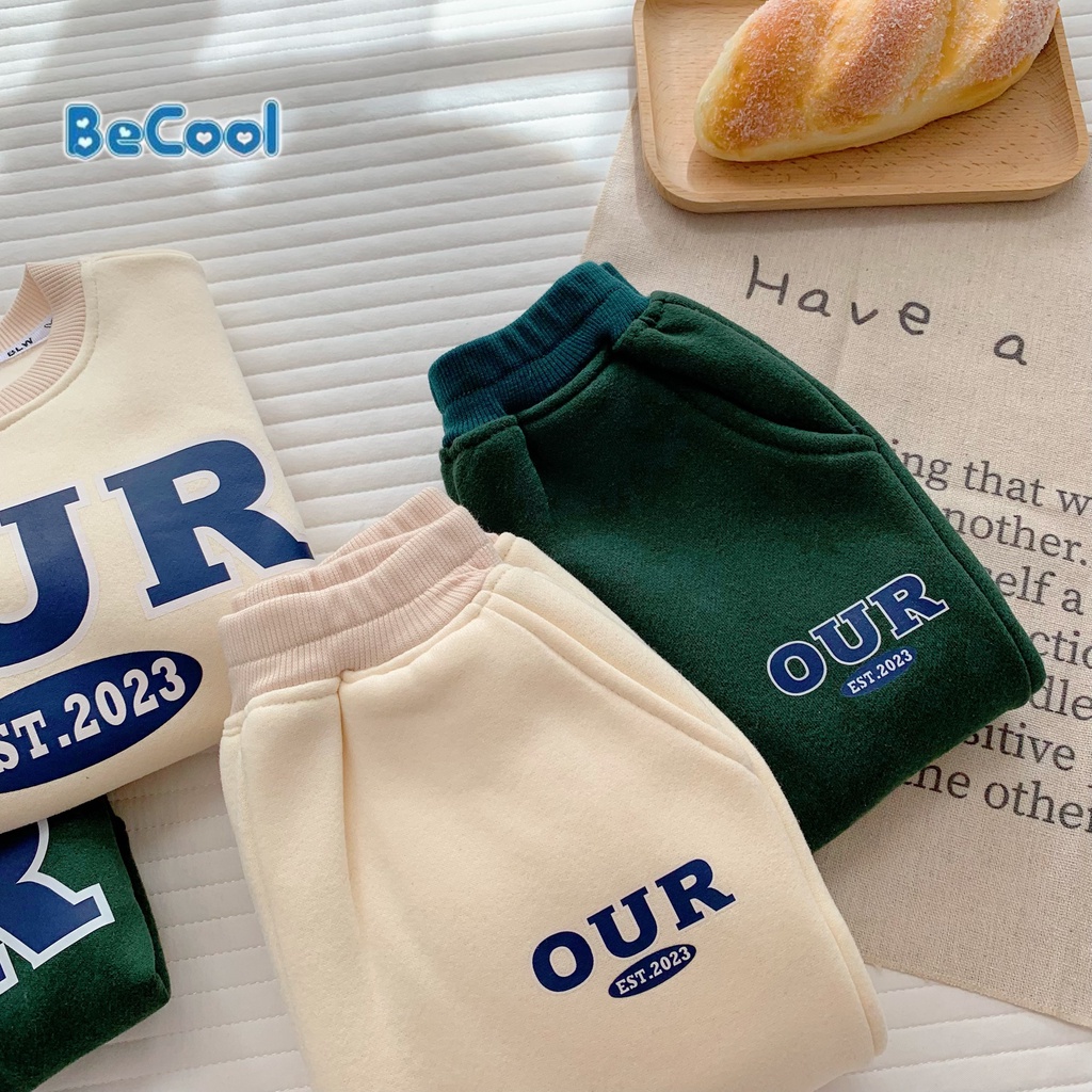 Bộ Nỉ Bông In Chữ OUR Cho Bé Trai Mặc Mùa Đông, Đồ Bộ Dài Tay Cho Bé Từ 8-27kg MINKYSUN