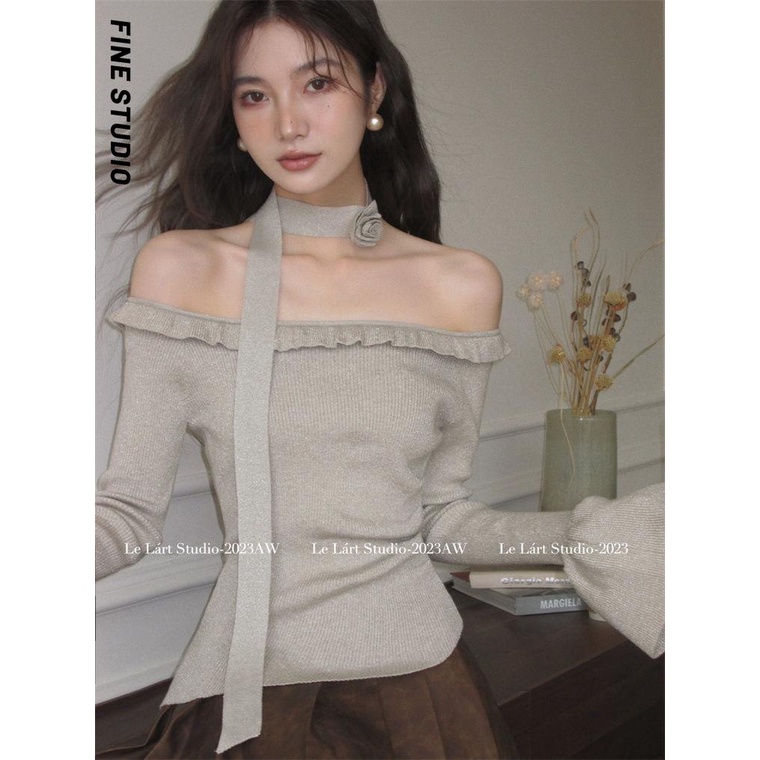 Fine studio Áo sweater Dệt Kim Tay Loe Xếp Nếp Cổ Phẳng Cột Dây Màu Trơn Kiểu Pháp Thời Trang Mùa Thu