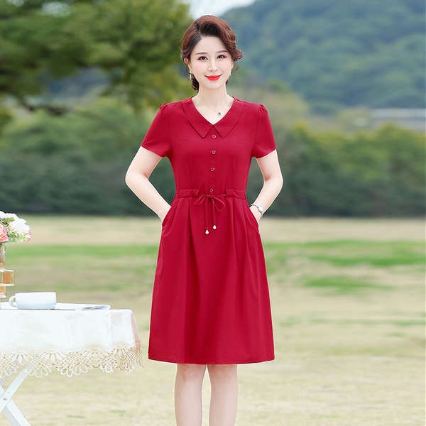 Váy trung niên cho mẹ đồ bộ trung niên cho mẹ Váy liền mùa hè cho mẹ trung niên, váy liền cổ áo sơ mi ngắn tay thời trang mùa hè cho phụ nữ trung niên và cao tuổi