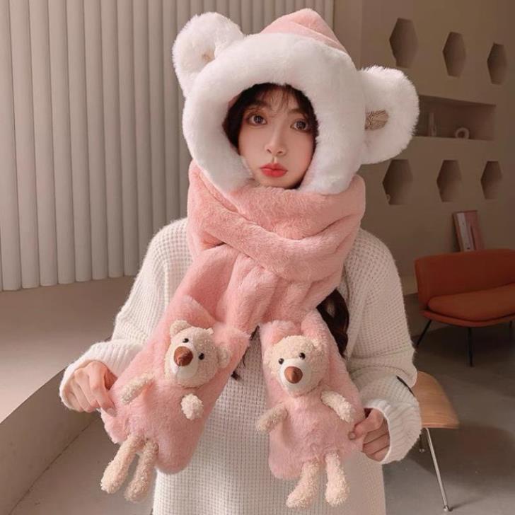 Mũ len trùm đầu tai gấu nổi, khăn quàng cổ có mũ và găng tay siêu ấm áp HOT