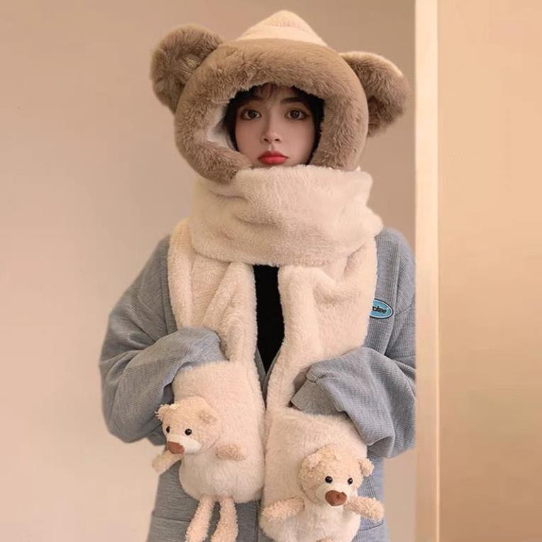 Mũ len trùm đầu tai gấu nổi, khăn quàng cổ có mũ và găng tay siêu ấm áp HOT
