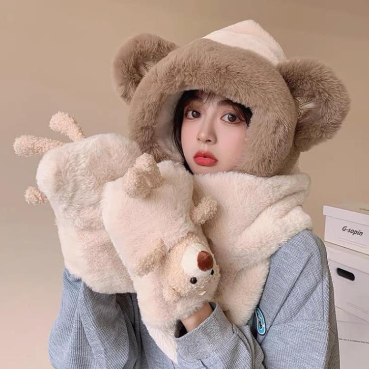 Mũ len trùm đầu tai gấu nổi, khăn quàng cổ có mũ và găng tay siêu ấm áp HOT