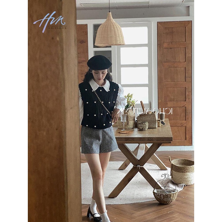 Đen Áo Dệt Kim Sát Nách Dáng Rộng Đính Hạt Xoắn Kiểu retro Pháp Thời Trang Mùa Thu Cho Nữ