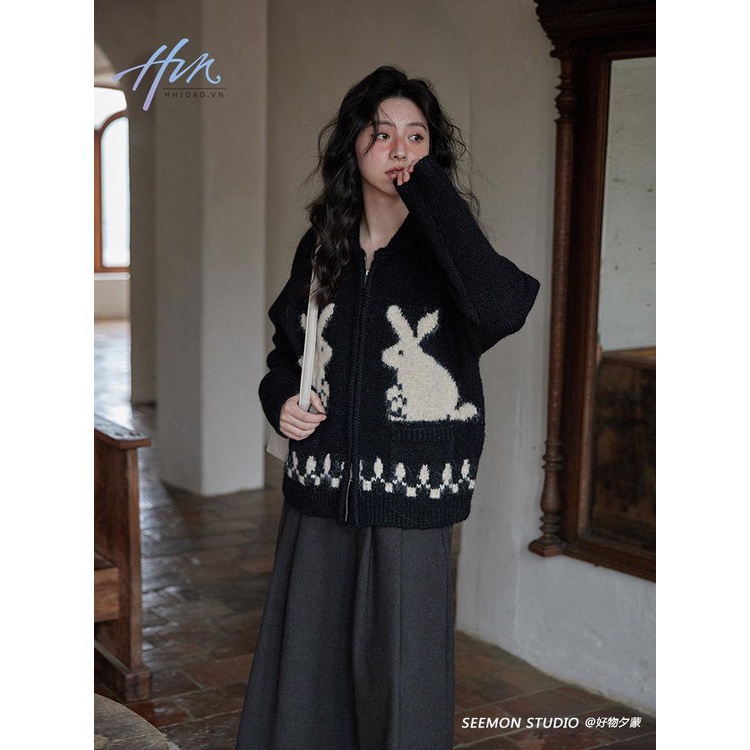 Áo Khoác cardigan Len Dày Thiết Kế Hình Thỏ Thời Trang Thu Đông Cho Nữ