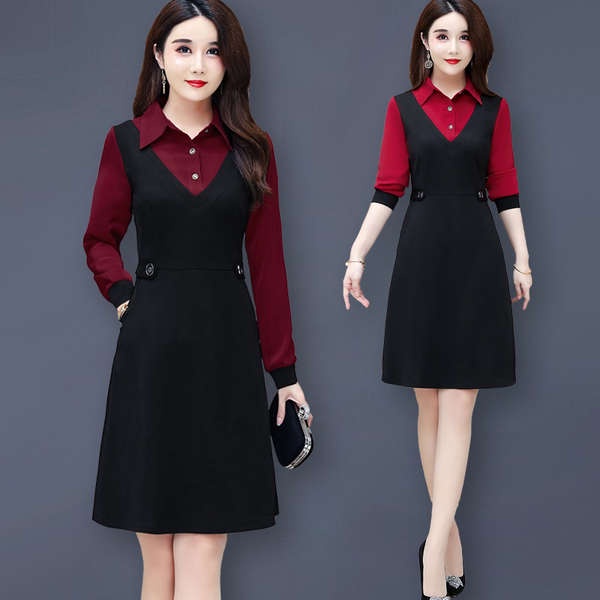 Đồ bộ trung niên cho mẹ đầm cho mẹ trung niên Váy liền giả hai chiếc lót nhung váy chữ A che bụng trẻ trung mẫu thu đông 2023 mẫu dài vừa cổ vuông trang phục cho mẹ trung niên