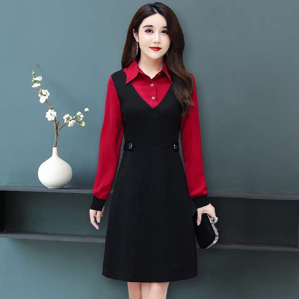 Đồ bộ trung niên cho mẹ đầm cho mẹ trung niên Váy liền giả hai chiếc lót nhung váy chữ A che bụng trẻ trung mẫu thu đông 2023 mẫu dài vừa cổ vuông trang phục cho mẹ trung niên