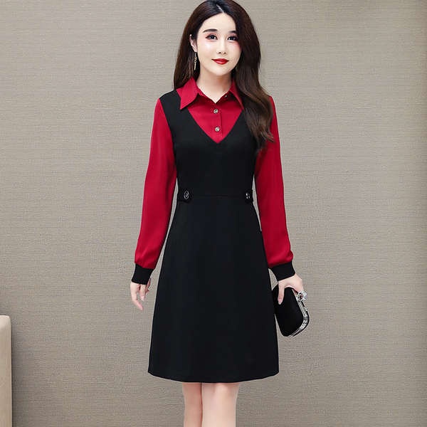 Đồ bộ trung niên cho mẹ đầm cho mẹ trung niên Váy liền giả hai chiếc lót nhung váy chữ A che bụng trẻ trung mẫu thu đông 2023 mẫu dài vừa cổ vuông trang phục cho mẹ trung niên