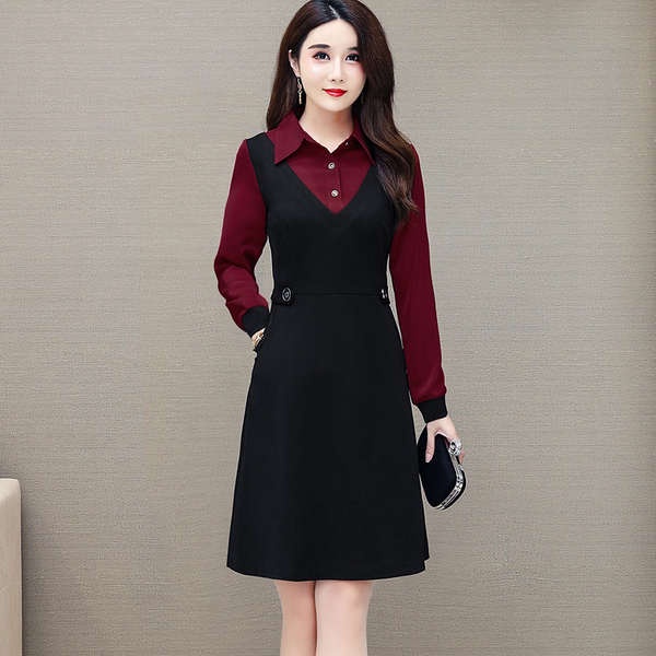 Đồ bộ trung niên cho mẹ đầm cho mẹ trung niên Váy liền giả hai chiếc lót nhung váy chữ A che bụng trẻ trung mẫu thu đông 2023 mẫu dài vừa cổ vuông trang phục cho mẹ trung niên