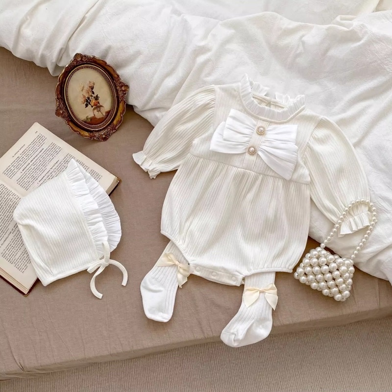 Body nơ ngực kèm mũ và quần tất siêu xinh cho bé gái, chất gân tăm mềm mịn ấm áp