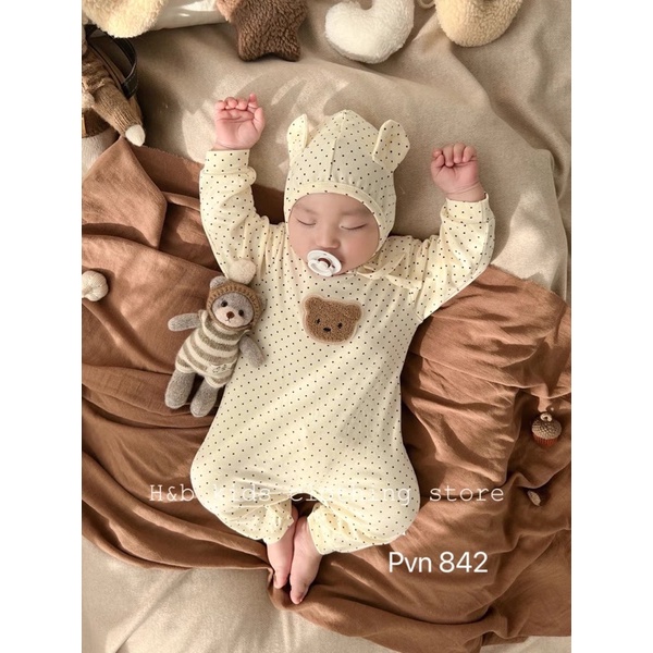 Body chấm bi đính gấu xù kèm mũ tai gấu cho bé, chất gân tăm mềm mịn ấm áp