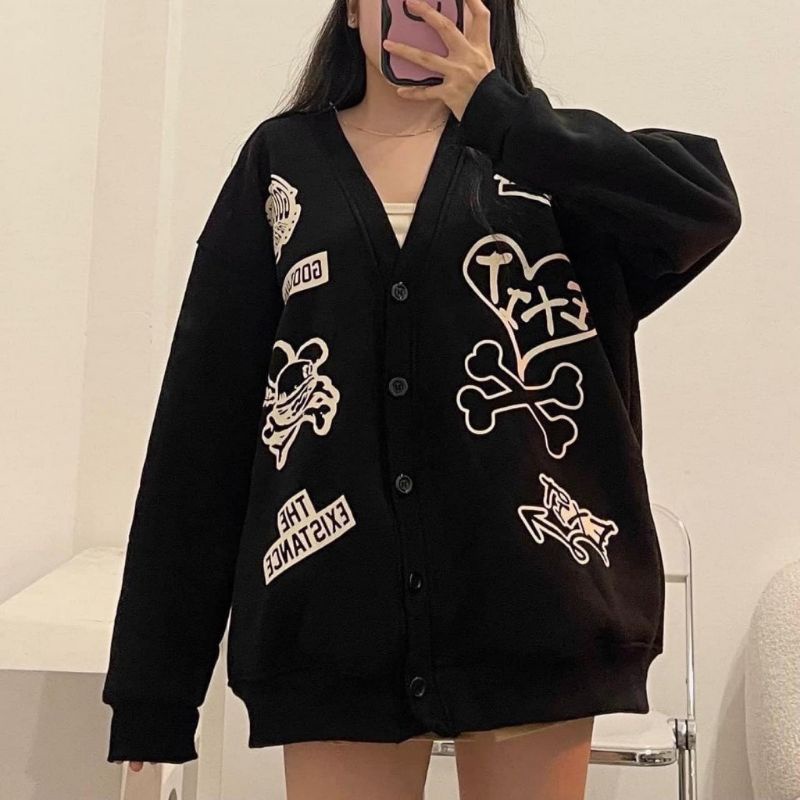 Áo Khoác Cardigan Nỉ Bông Chữ Good Habit Màu Đen Form Rộng