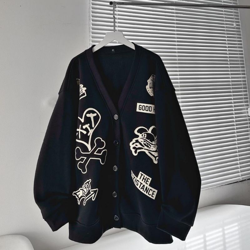 Áo Khoác Cardigan Nỉ Bông Chữ Good Habit Màu Đen Form Rộng