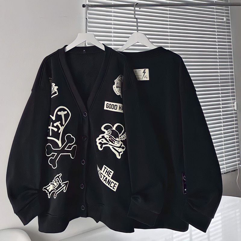 Áo Khoác Cardigan Nỉ Bông Chữ Good Habit Màu Đen Form Rộng