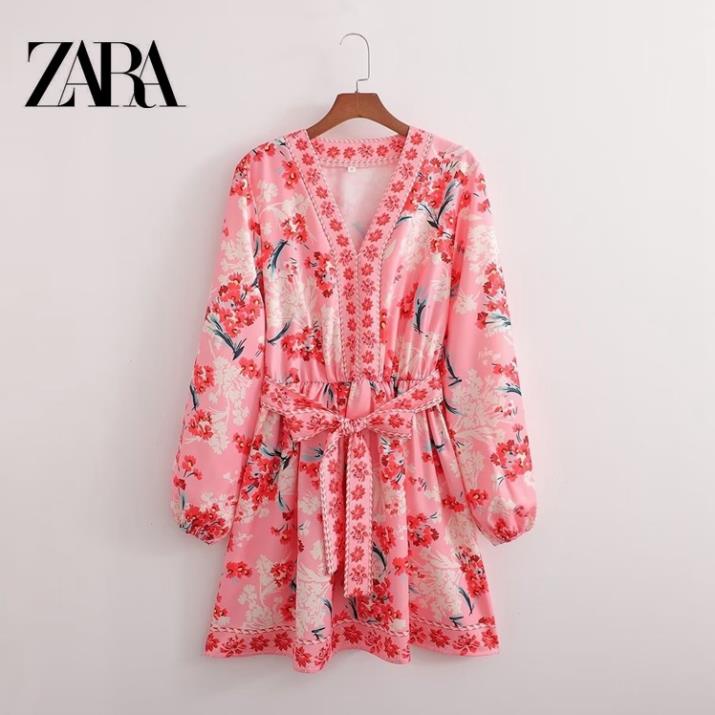 Morocco Zara đầm cổ V hoạ tiết boho tone đỏ
