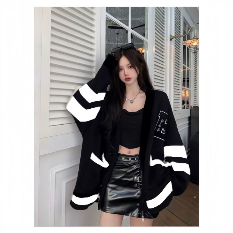Áo Cardigan Nỉ Phối Tay Chữ E Form Rộng Tay Form