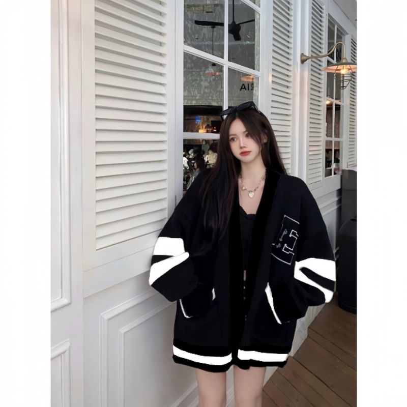 Áo Cardigan Nỉ Phối Tay Chữ E Form Rộng Tay Form