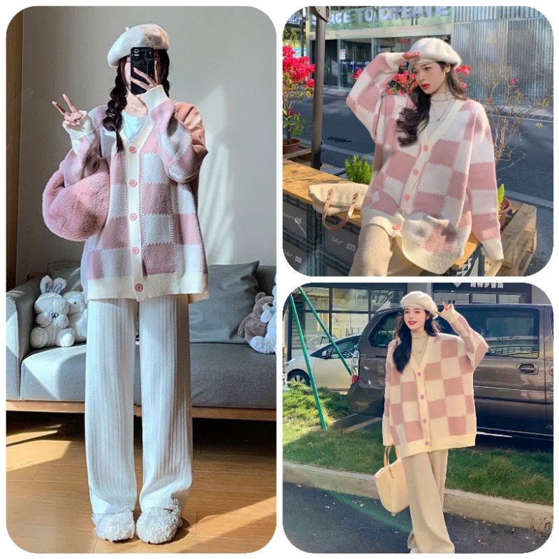 Áo Khoác Cardigan Nỉ Kẻ Caro Hồng Form Rộng Tay Phồng