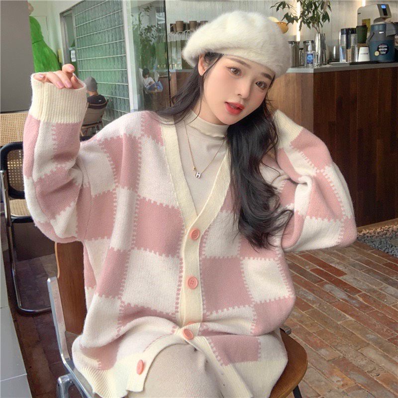 Áo Khoác Cardigan Nỉ Kẻ Caro Hồng Form Rộng Tay Phồng